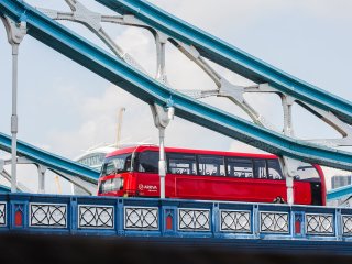 A London Bus crossing Tower Bridge
