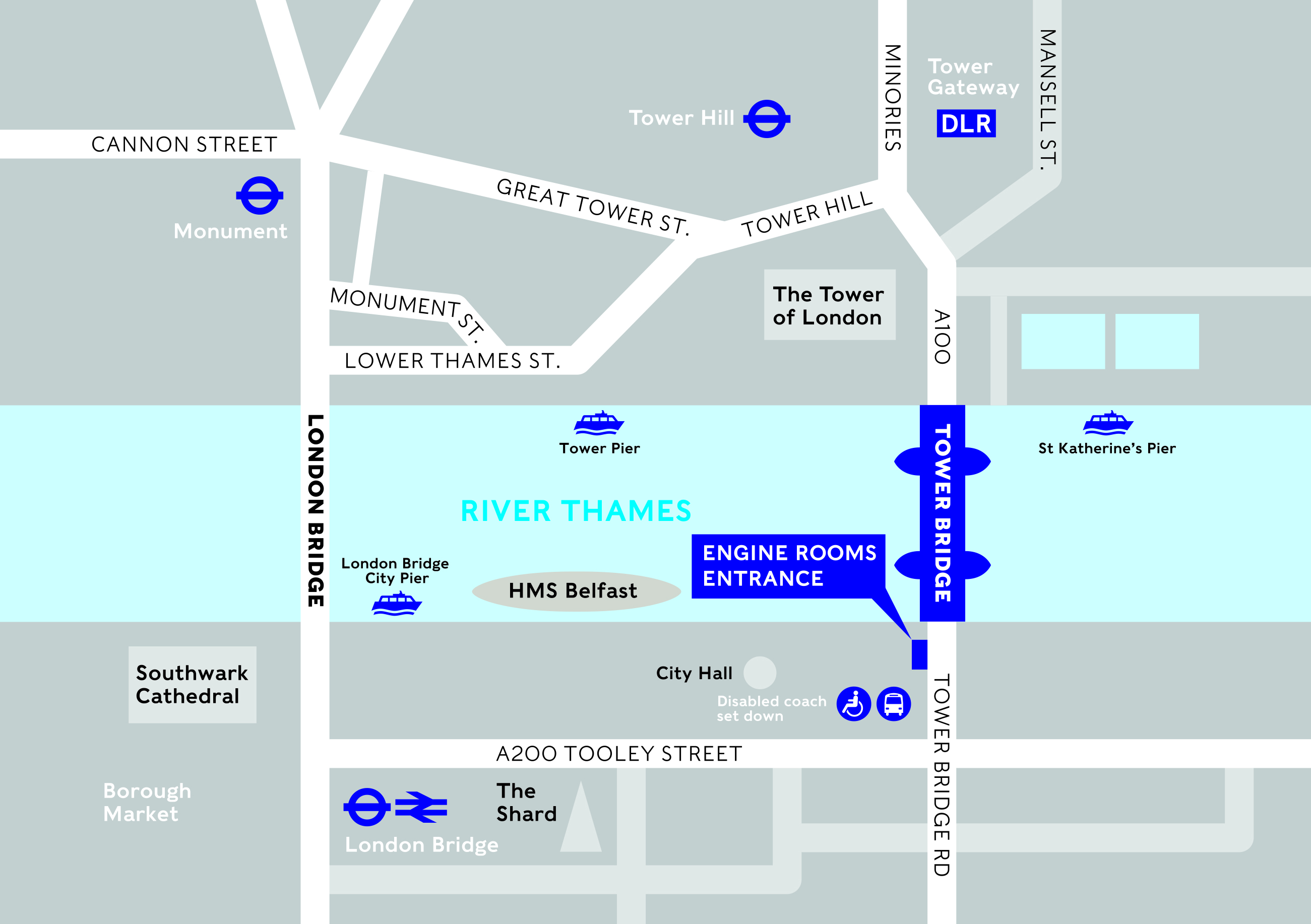 A map of the area around Tower Bridge with directions to the Engine Rooms entrance