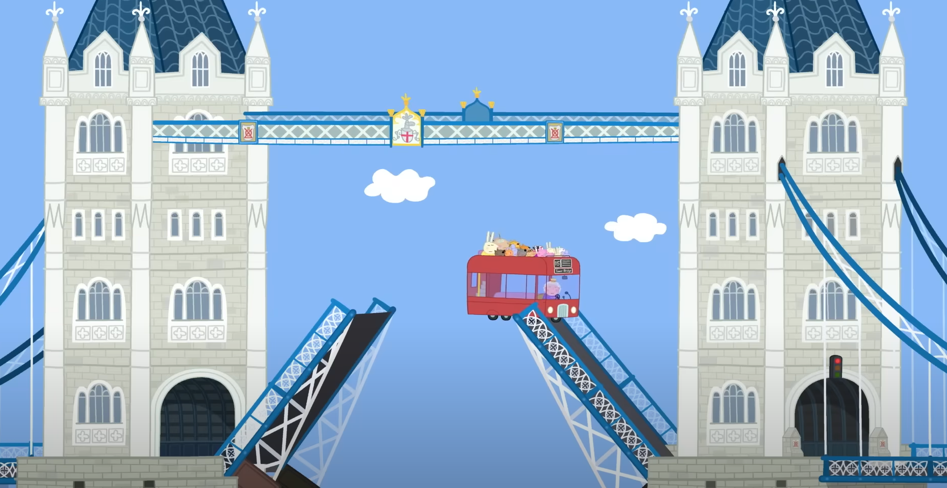 A cartoon drawing of a bus stuck on Tower Bridge