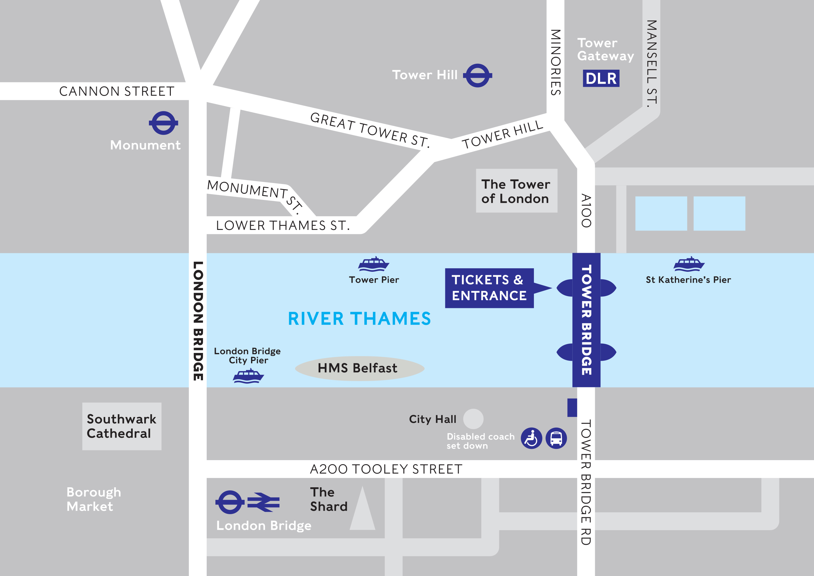 A map of the area around Tower Bridge
