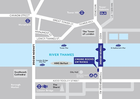 A map of Tower Bridge and the surrounding area, pointing out the entrance to the Engine Rooms