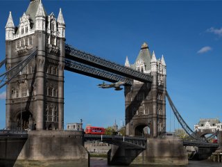 Painting of a Hawker Hunter aircraft flying through Tower Bridge © Gary Eason / Flight Artworks