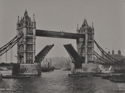 Historic image of Tower Bridge lifting