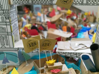 Many cardboard boats were created for out anniversary flotilla