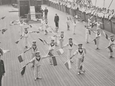Children practicing semaphore