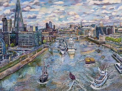 Painting of the view of the River Thames from Tower Bridge Walkway