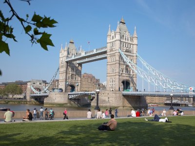 Tower Bridge photographed from the south bank of the Thames