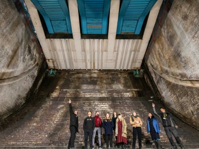 A group of visitors looking around the Bascule Chambers