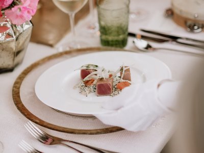 A plate of food on a beautifully decorated table