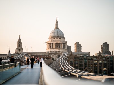 St Paul's Cathedral seen at dusk from Millennium Bridge.