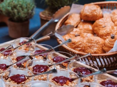 Breakfast items laid out on a table