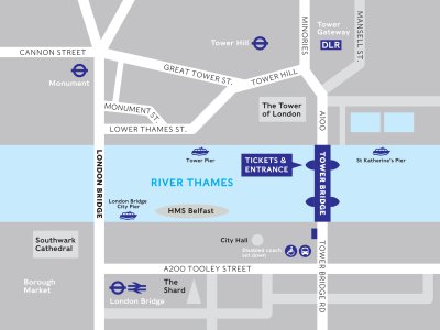 A map showing Tower Bridge and the surrounding area