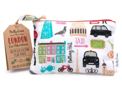 A white purse with illustrations of London icons on it.