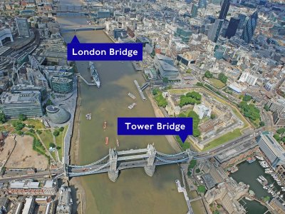 An aerial view of the river Thames with Tower Bridge and London Bridge pointed out