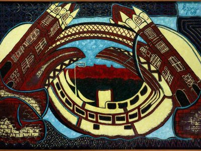 A painting of Tower Bridge depicted in a distorted swirly style in maroon, blue, yellow and black. 