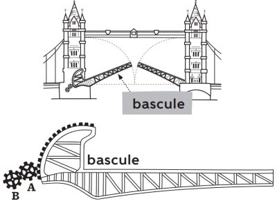 A diagram of the bascules of Tower Bridge with the cogs that turn it.
