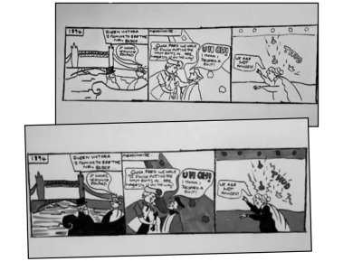 Two hand-drawn comic strips featuring Tower Bridge in the background