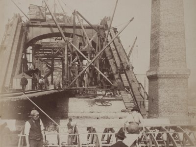 Sepia archive photograph of Tower Bridge under construction