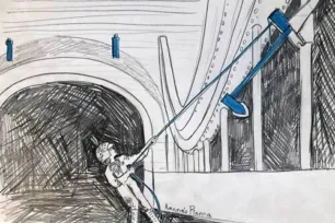 Storyboard sketch in pencil showing giant piano hammers.
