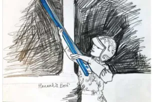 Pencil drawing of a figure using Tower Bridge as a musical instrument