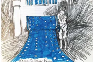 Illustration in pencil of a figure turning a music box mechnanism