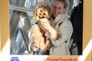 A smiling guest in a padded coat holds a fluffy cockapoo dog