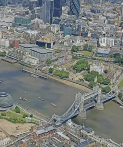 Tower Bridge from above, reaching across the River Thames