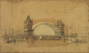A drawing of Tower Bridge designs by pen and ink