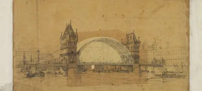 A sketch of Tower Bridge on yellowed paper. Two towers have been drawn with a curved arch between them.