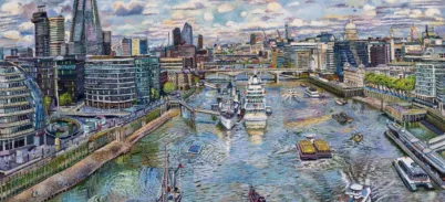 Oil painting view from Tower Bridge showing The Shard, other landmark buildings and boats on the river thames