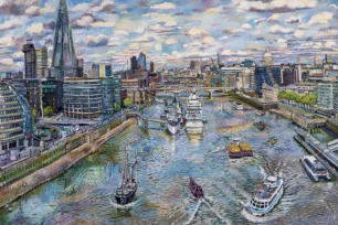 Oil painting view from Tower Bridge showing The Shard, other landmark buildings and boats on the river thames