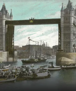 A historical painting of Tower Bridge with ships sailing through.