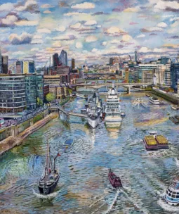 Oil painting view from Tower Bridge showing The Shard, other landmark buildings and boats on the river thames