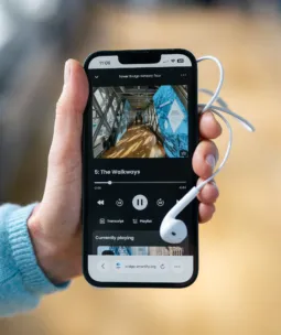 A person holding a phone with the Tower Bridge Audio Tour on it, headphones are plugged into the phone