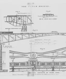 Technical plans and drawings of Tower Bridge before construction