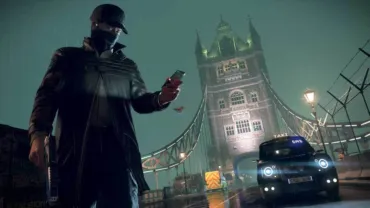 Video game animation of a man wearing all black, a cap and a face-covering. He is looking at his phone, standing on Tower Bridge at night.