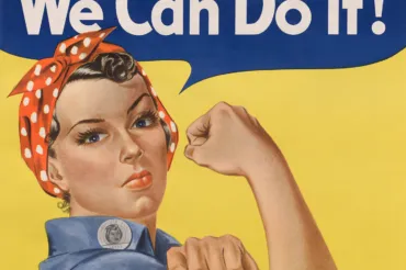 Illustration of a female worker in a red bandana and blue shirt, flexing her bicep. Text above her head reads: We Can Do It!