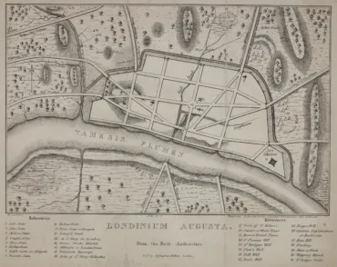 Historical map of Londinium Augusta, the Roman settlement that became London, showing street layout, River Thames, and key landmarks from ancient Britain.
