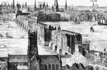 Historic engraving of London Bridge in 1616 by Claes Van Visscher, showing a densely built medieval bridge spanning the River Thames with multi-story houses, church towers, and sailing ships on the water.