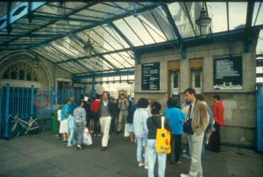 A picture of a group of visitors outside the first original Tower Bridge Ticket Office