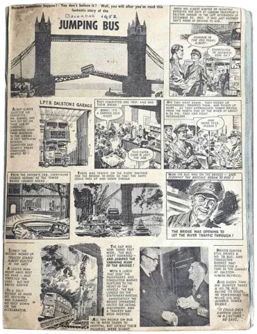 An illustrated story of a bus jumping over Tower Bridge from a 1950s comic.