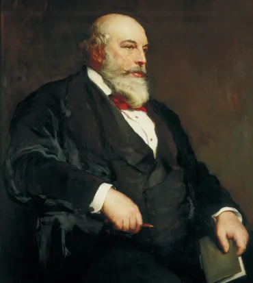 Painting of a man, holding a pencil and book, wearing a black suit