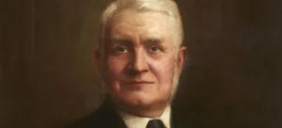 A painting of an elderly man with grey hair wearing a black suit and tie.