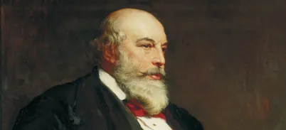 Painting of a man, holding a pencil and book, wearing a black suit