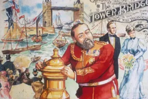 Illustrated poster depicting the ceremonial opening of Tower Bridge in London, featuring royal figures, crowds, sailing ships, and the bridge in the background.