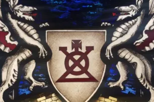 Stained glass design featuring two silver dragons flanking a central shield with a the red geometric emblem of the Bridge Mark, set against a deep blue background.