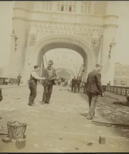 Workers working on Tower Bridge during the Victorian Era