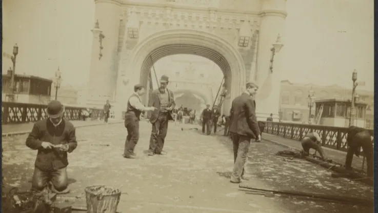 Workers working on Tower Bridge during the Victorian Era