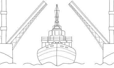 Two parts of a bridge that have raised up to allow a large ship room to pass underneath.