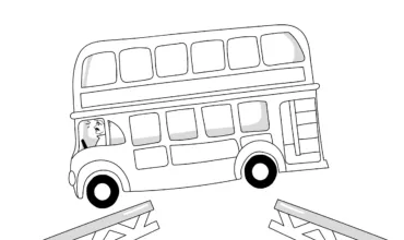 A double-decker bus in mid air